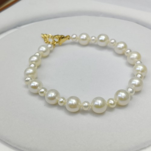 7.5-8" Pretty Design Big&Small Akoya White Round Pearl Bracelet 14k Gold P Clasp - Picture 5 of 5