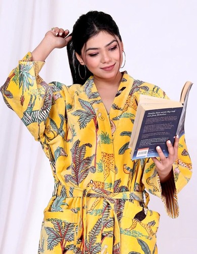 Viscose Luxurious Velvet Kimono Yellow Print Long Soft Bridel Nightwear Gown 50" - Picture 7 of 9