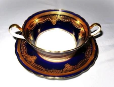 Aynsley 7321 Cobalt Blue, Gold Encrusted Cream Soup Bowl & Liner Set