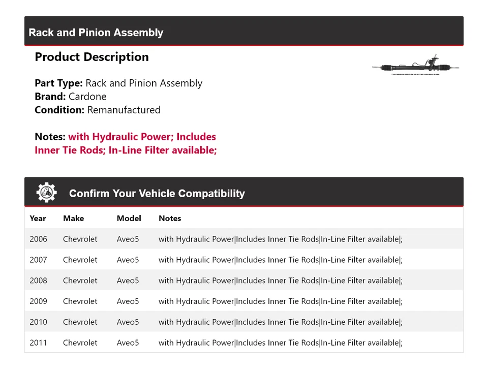 Conjunto de piñón y cremallera Cardone 2007 2008 2009 para Chevrolet Aveo5 2006-2011 Foto 2 de 4