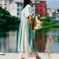 Women Cotton Apron V Neck Pleated Pinafore Dress Housework Florist Solid Retro