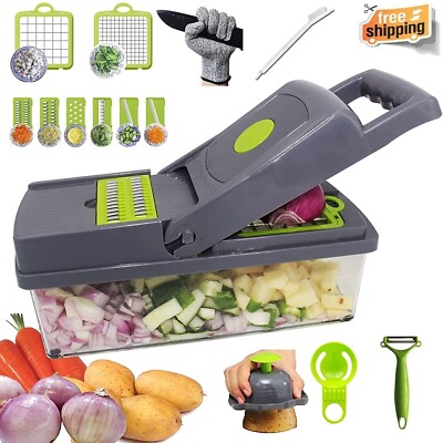 Acero Inoxidable Picador De Verduras Cebolla Vegetales Cortadora Cortador 14en 1