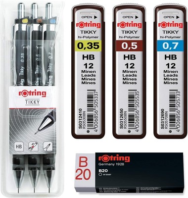 rOtring Tikky 3er Set mit Colourcode 0,35 / 0,5 / 0,7 (mit Ersatzminen HB und