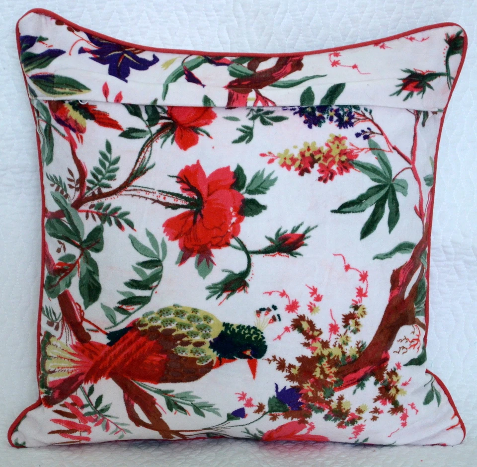 White Velvet Pillow Case Bird Print Decorative Throw Floor Indian Cushion Cover - Image 4 of 4