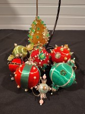 Vintage Handmade Push Pin Christmas Ornaments Silk Beaded Sequins Lot of 8