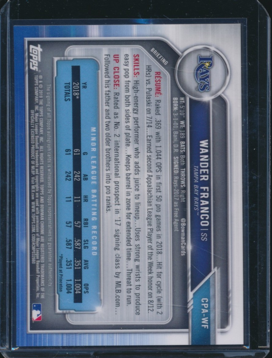 WANDER FRANCO AUTO 1st 2019 Bowman Chrome Autograph Tampa Bay Rays