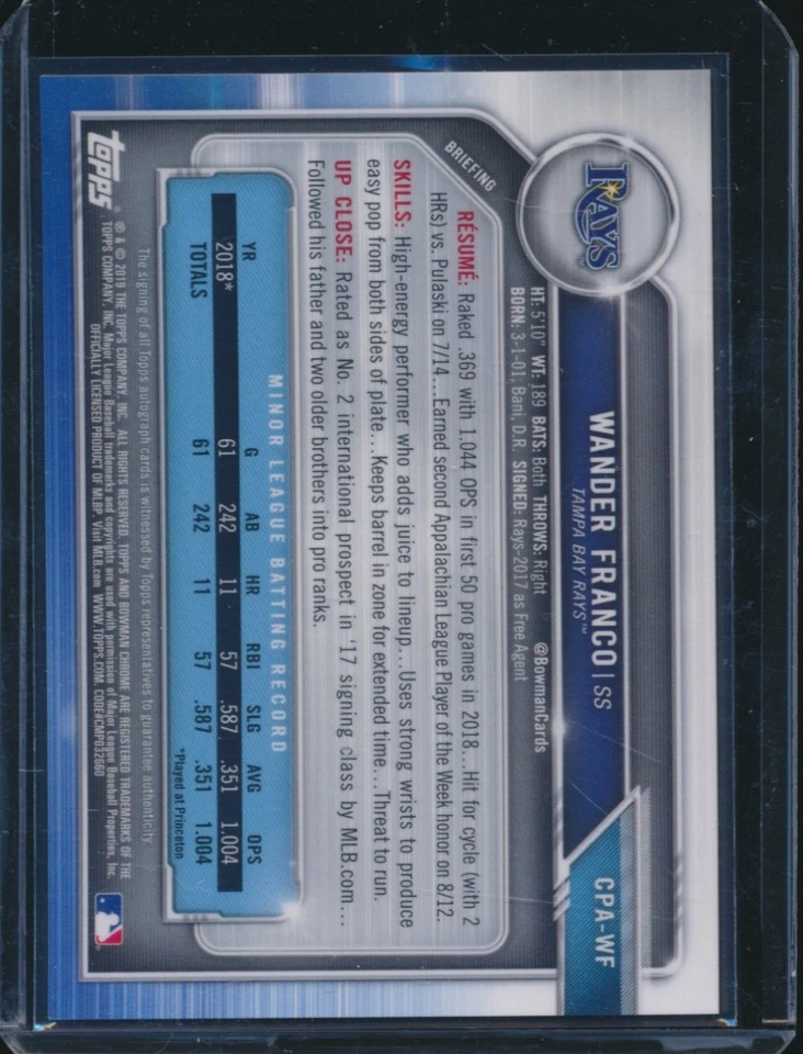 WANDER FRANCO AUTO 1er 2019 Bowman cromo autógrafo Tampa Bay Rays novato radiocontrol Foto 4 de 4