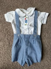 VTG Baby Boy 2 Piece Embroidered Teddy Bear Blue Gingham Overalls 3-6 Months