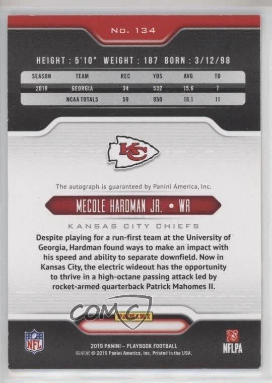 2019 Playbook Rookies Signatures Blue /49 Mecole Hardman Jr #134 Rookie Auto RC - Image 2 of 2