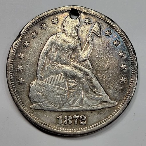1872 P $1 Seated Liberty Silver Dollar VF Details Holed Philadelphia *M292