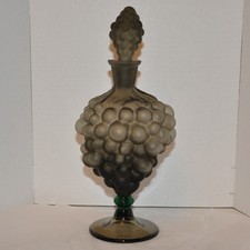 VTG MCM Italian Empoli Smokey Gray Glass Grape Cluster Decanter Bottle & Stopper