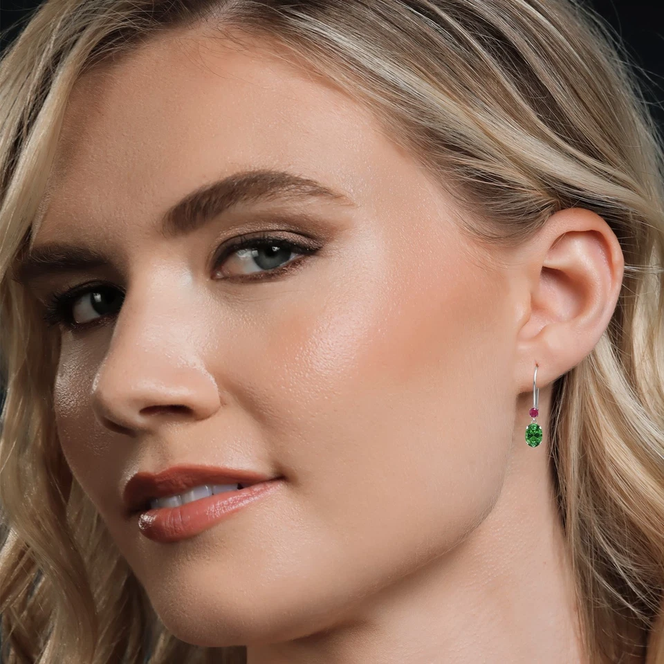 14K White Gold Simulated Emerald and Ruby French Wire Dangle Earrings For Women - Image 4 of 4