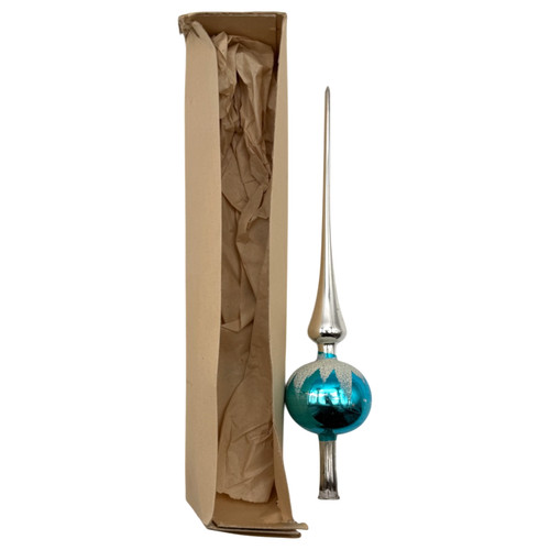 Vintage Tree Topper Finial + Original Box Mica Blue Mercury Glass Silver MCM 10"