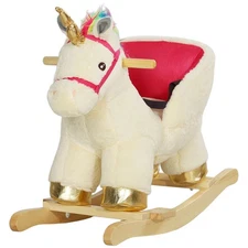 Qaba Kids Rocking Horse, Unicorn with Realistic Sound, Safety Belt & Wooden Base