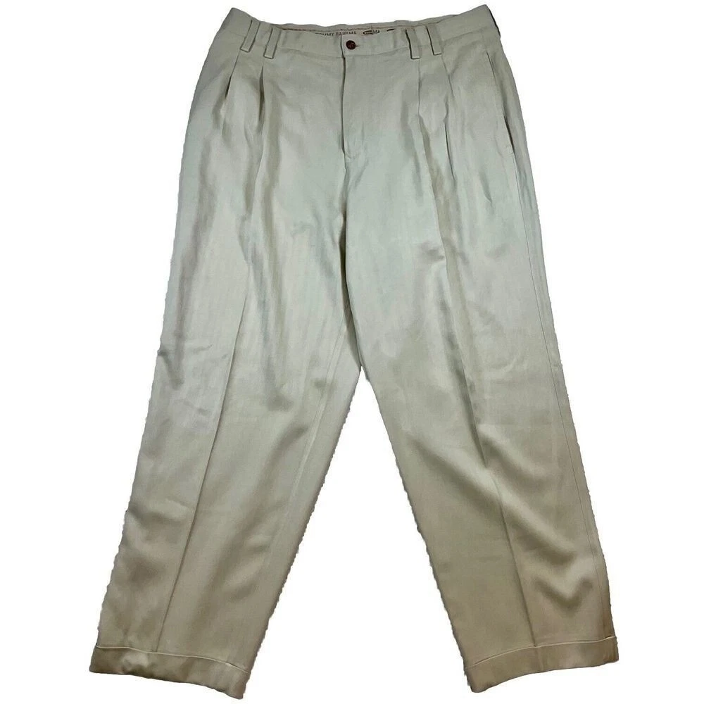 Tommy Bahama Men Pants 36x30 100 Silk Pleated Herringbone Beige Relaxed Tropical