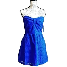 Bare Shoulder Dress by Freckles, Strapless Minidress Eyelet Cotton, Blue - Large