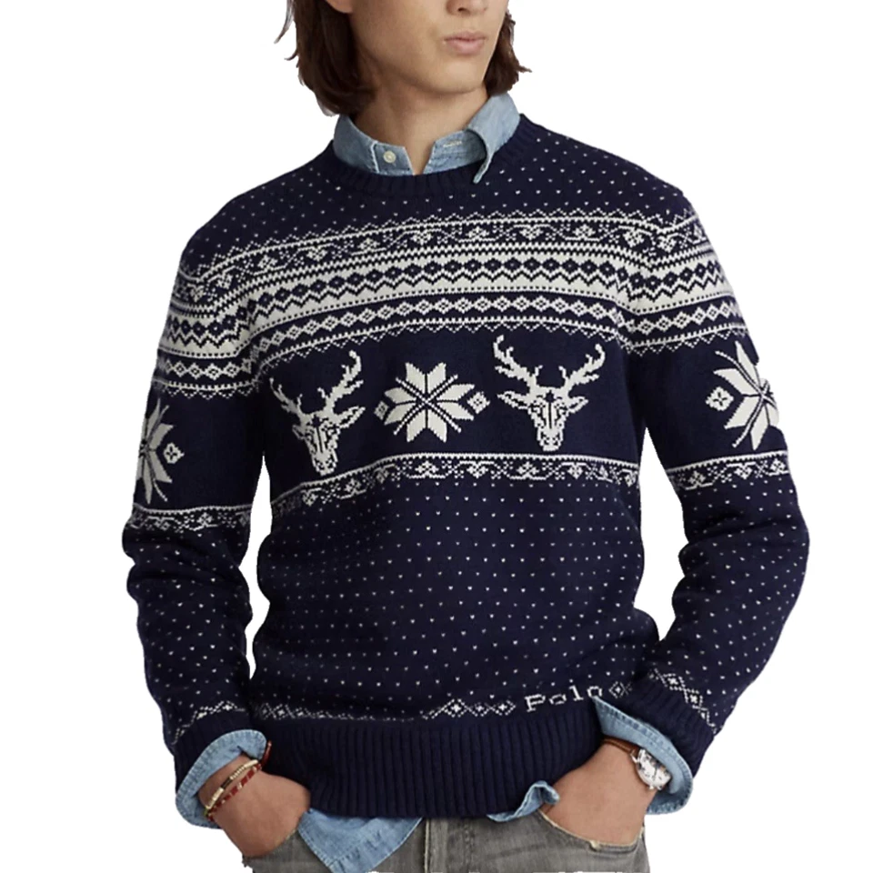 Polo Ralph Lauren Masculino Grande Floco de Neve Lã Cashmere Suéter Azul Marinho Nórdico Preppy - Imagem 3 de 4