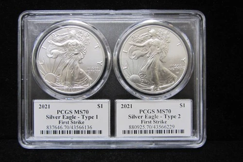 2021 SILVER EAGLE 2 COIN SET - TYPE 1 AND TYPE 2 - PCGS MS70 FIRST STRIKE