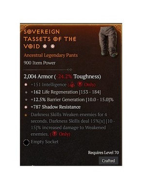 Diablo 4 S14 Sovereign Tassets Of The Void 2GA Legendary Pants Gear Equipment