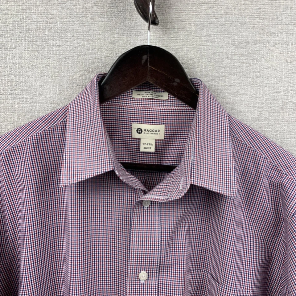 Haggar Shirt Mens 17-17.5 36/37 Red Blue Check Long Sleeve Button Up Regular Fit - Image 4 of 4