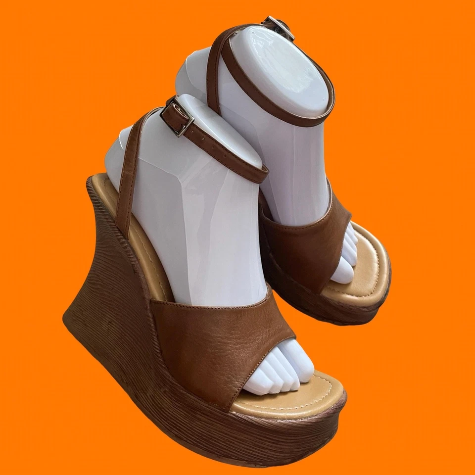 90's 00's vintage leather ankle strap wooden y2k wedge sandals heels EU 39 Aldo - Image 3 of 4