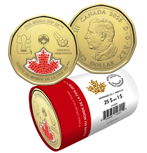 2026 Canada $1 FIFA World Cup Special Wrap Roll (Colored) - 25 Coins
