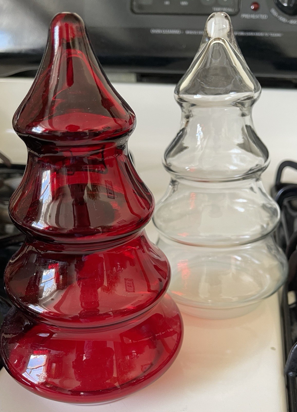 Vintage Glass Christmas Tree Candy Jars With Plastic Lid. Clear And Red.