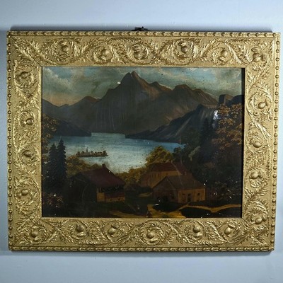 Antique Oil Painting Alpine Lake F.W. Devoe Board Ornate Frame Dark Landscape