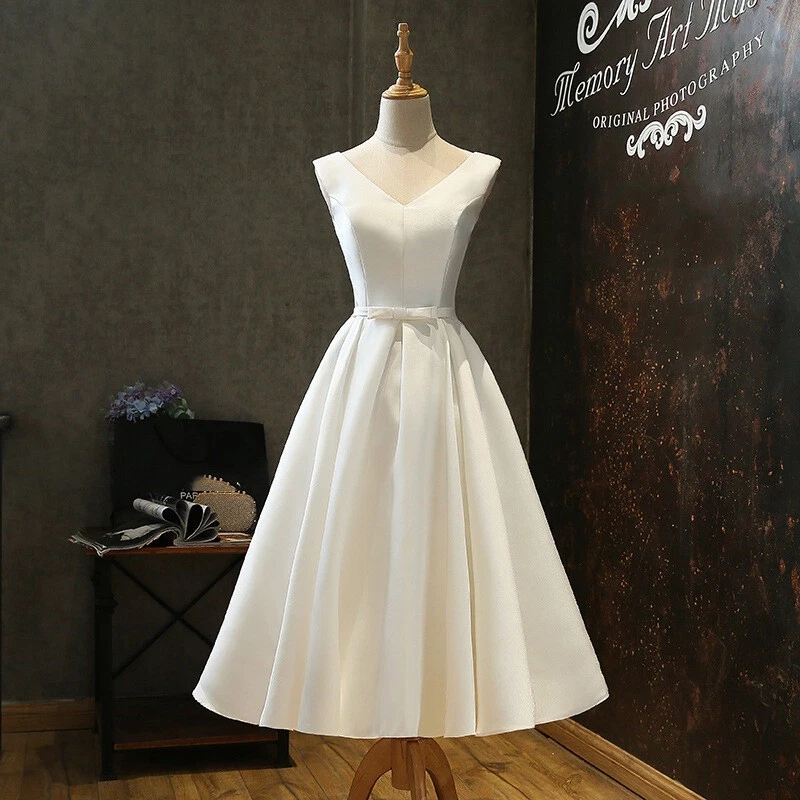 Simple Wedding Dresses Satin Tea-length With Bow V-Neck Sleeveless Bridal Gown - Image 2 of 4