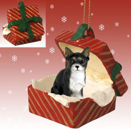 CHIHUAHUA BLACK WHITE DOG CHRISTMAS GIFT BOX ORNAMENT HOLIDAY Present XMAS PET - Picture 1 of 1