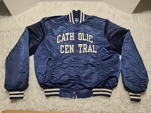 Champion Detroit Catholic Central Satin Bomber Jacket Quilt Lined XXL VTG FLAWS*