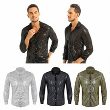 Mens Shiny Sequins Dress Shirt Button Down 70 Disco Party Fever Tops Costume