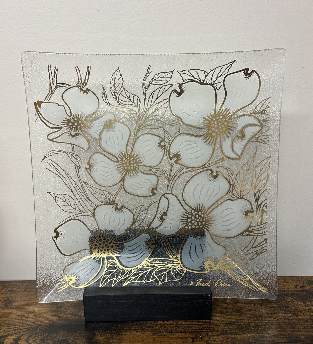 Vintage Fred Press Floral Dogwood Glass Serving Platter Tray Gold