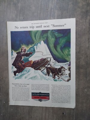 1938 print ad: Cutler-Hammer Motor Control-Winter in Keewalik Mine, AK-Mush!