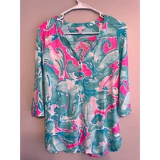 LILLY PULITZER Mindy Tunic Top Tropical Pink Sands V-Neck Linen Shirt Small