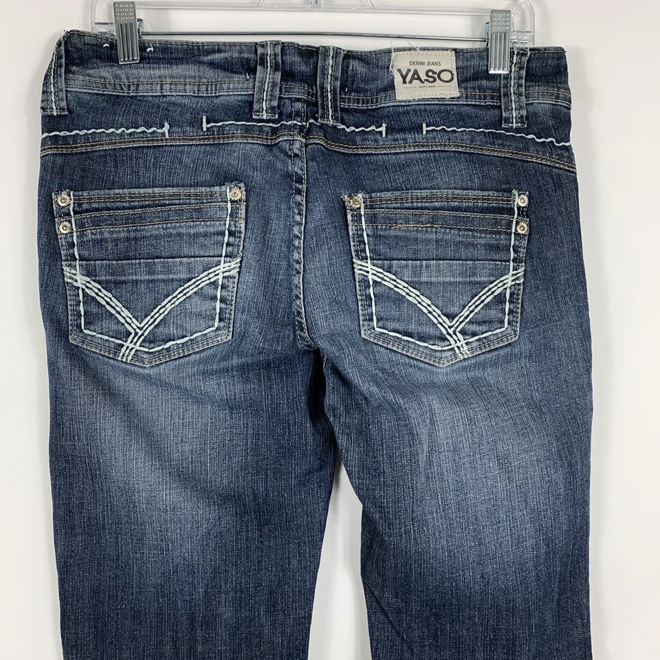Yaso Jeans Size 7 / 8 Boot Blue Dark Wash Mid Rise Distressed Stretch Bootcut - Image 4 of 4