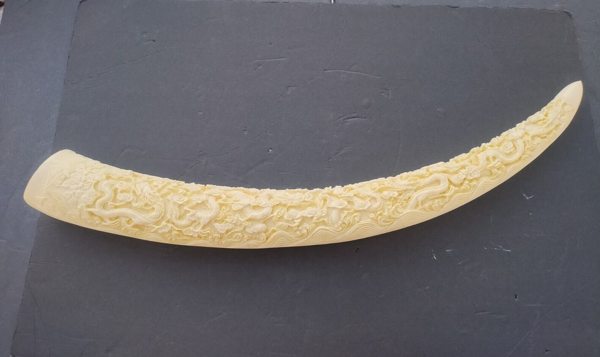 VTG Chinese Scene Carved Resin Tusk Faux Scrimshaw Dragons Colorful stamped Chinese carved ivory tusk with dragon in cloud mot sold at  main image 4