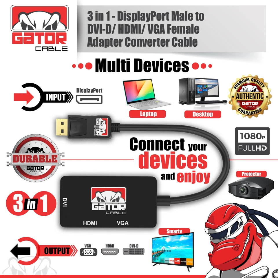 DisplayPort Male To HDMI DVI VGA Female Adapter Converter Cable 4K 1080P 4-in-1 - Image 2 of 4