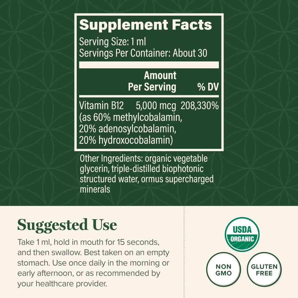 Vitamin B12, 5000 mcg, 3-in-1 Organic Liquid Vitamin B12, 30-Day Supply (1 Oz) - Image 2 of 4