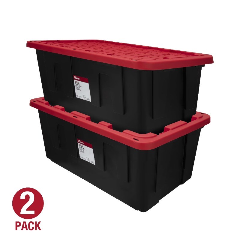 40 Gal XL Storage Bin, Snap Lid, Black & Red, Heavy Duty Plastic, 2 Pack