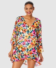 Anne Cole Women's Women's Floral-Print Flounce V-Neck Tunic Swim Cover-Up Medium