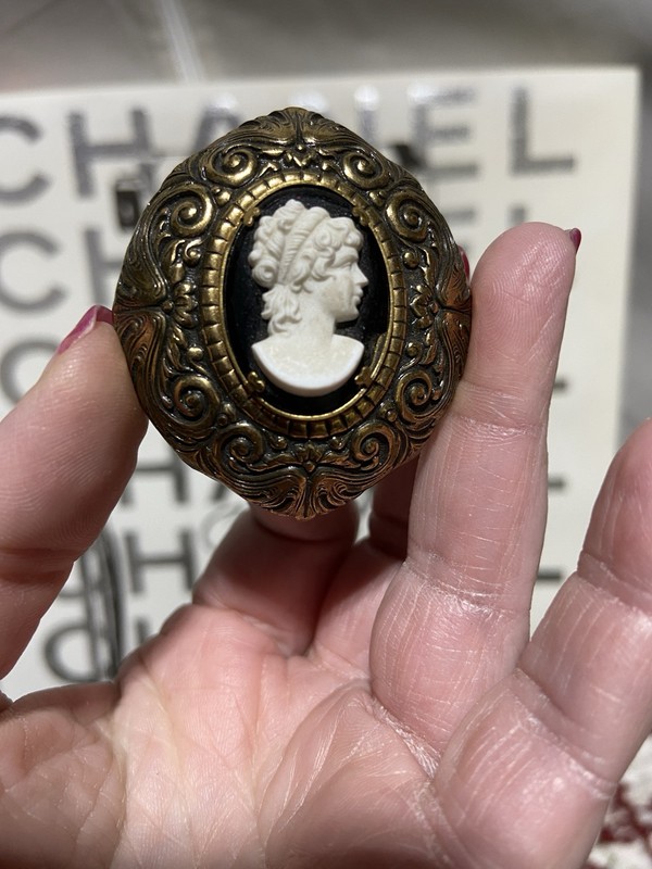 Vintage Robbin’s And Co Attleboro Brass Tone Black And White Cameo Scarf Clip