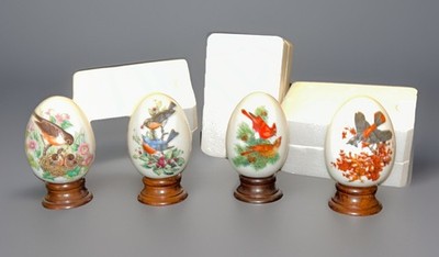 Avon Four Seasons Bird Porcelain Eggs  1984 Set of 4 w Stands & Boxes