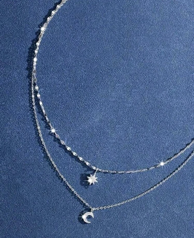 Collana Acciaio Inox Doppio Strato Luna E Stella Zirconi - Immagine 3 di 4