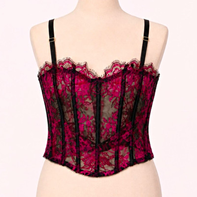 Victoria's Secret Very Sexy Black & Pink Rose Lace Corset Bra Top Size L/G NWT