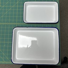 Vintage White Blue Enamelware Tray, 12x 9 . 9x6