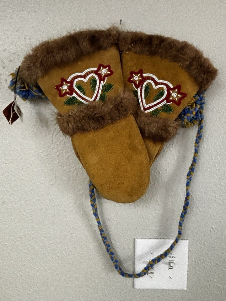 Vintage Canadian First Nations Beaded Gauntlet Mittens Suede Fur NOS ...