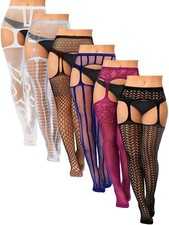 6 Pairs Women Plus Size Fishnet Thigh High Stockings Suspender Garter Belt Li...