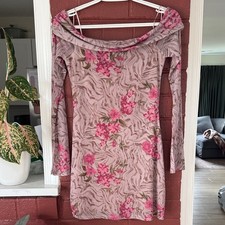 Urban Outfitters Patterned Pink Floral Off-Shoulder Mesh Long Sleeve Dress