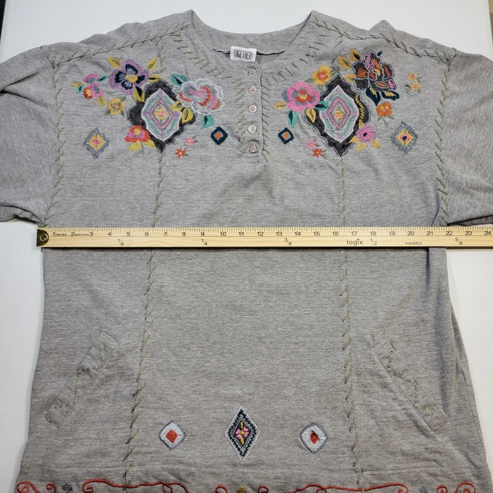 Together Henley Top Embroider Whipstitch Women L Pocket Cottagecore Crafting Art - Image 4 of 4
